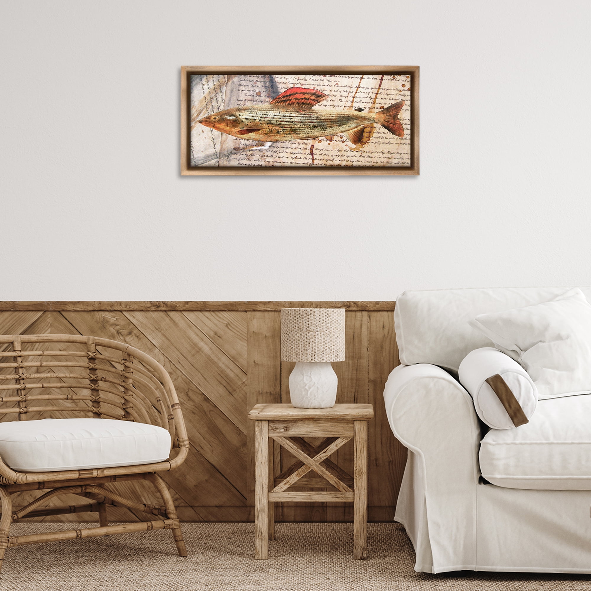 Stupell Industries Fish with Vintage Text Animals & Insects Painting Brown Floater Framed Canvas Art Print Wall Art, 25 x 11