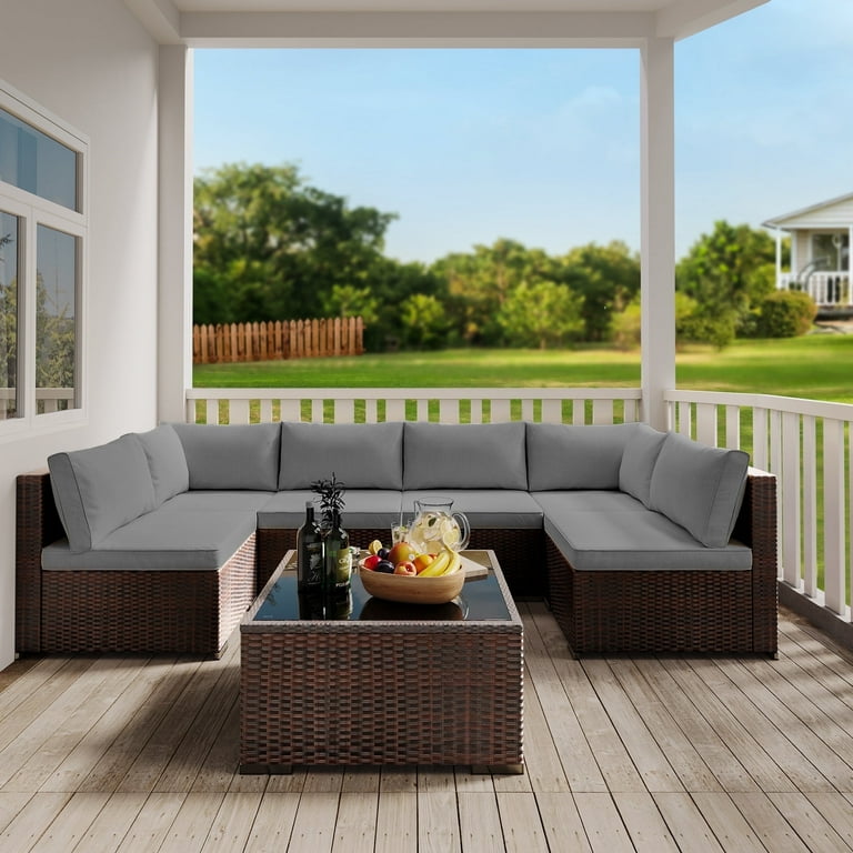 Patio Furniture Set Clearance Lofka 7 Piece Outdoor Sectional Furniture Set with Glass Coffee Table Garden Gray