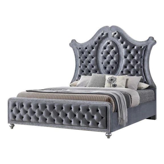 Benjara Rall Queen Size Bed-Curved Wood Headboard-Tufted Gray Fabric Upholstery