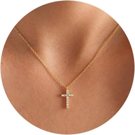 Cross Necklace for Women - 14k Gold/Silver Plated Dainty Cubic Zirconia Sideways Cross Necklace Jewelry Gift