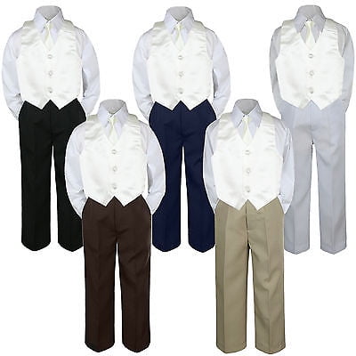 

4pc Boy Suit Set Ivory Off White Necktie Vest Baby Toddler Kid Formal Pants S-7