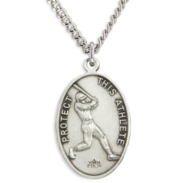 Heartland Store Men's Sterling Silver Oval Saint Sebastian Baseball Medal + 24 Inch Endless Rhodium Plated Chain| USA Made
