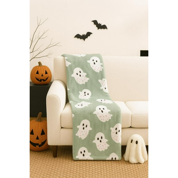 Halloween Plush Blanket 60x70 – Soft Long Hair Throw with Cute Ghost & Candy Designs, Cozy Pink & Black Decorative Blankets for Couch, Bed & Halloween Décor (Ghost Stars)