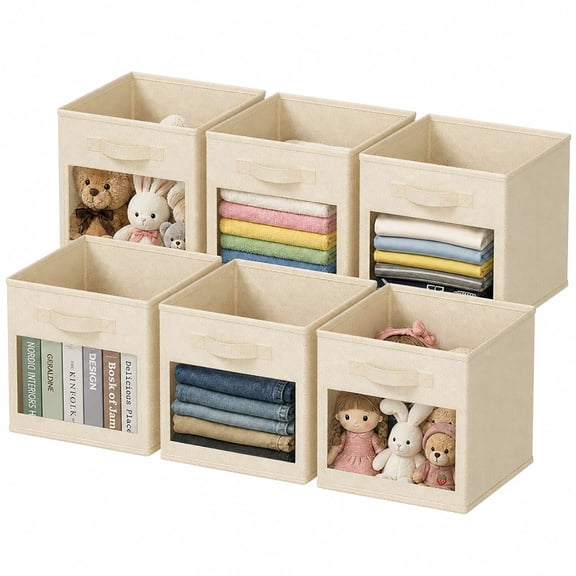 PLUMEBAY Storage Cubes with Clear Window, 6 Pack Foldable Fabric Storage Bins for Closet, Cube Organizer and Shelves, Beige