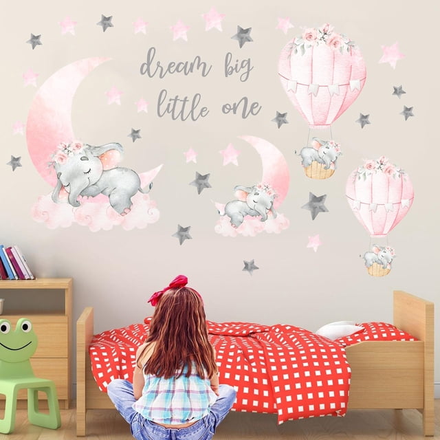 Pegatinas de pared con forma de elefante, globo aerostático, luna rosa, estrellas, vinilo artístico de animales para habitación infantil, decoración del hogar