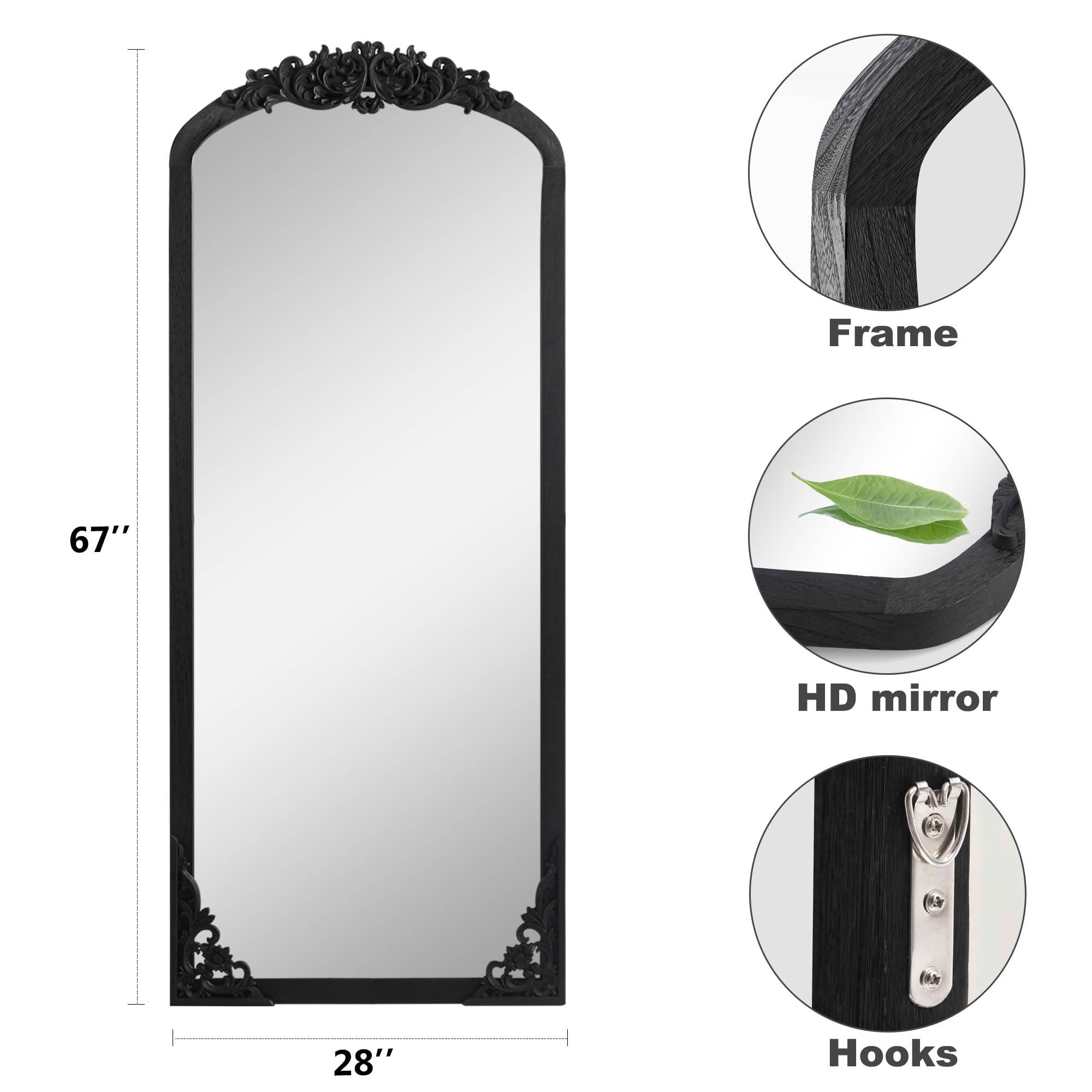 MAYEERTY 67x28x1 Inch Black Carved Wood Right Angle Slightly Arched Full Length Mirror, No Stand for Bedroom