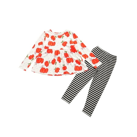 

EYIIYE Kids Girls Spring Autumn Pumpkin Print Roubd Neck Long Sleeves T-shirt Stripes Elastic Waist Pants Set
