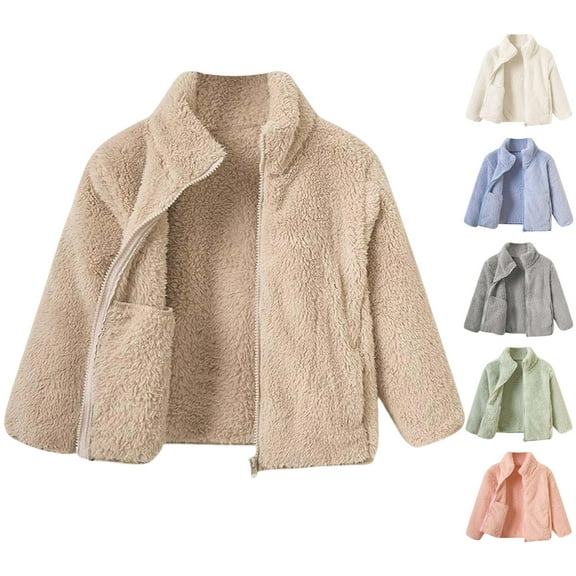 Girls Fuzzy Fleece Jacket Casual Stand Collar Zip Up Sherpa Coat Fall Winter Lightweight Outerwear with Pocket 1-11 Years