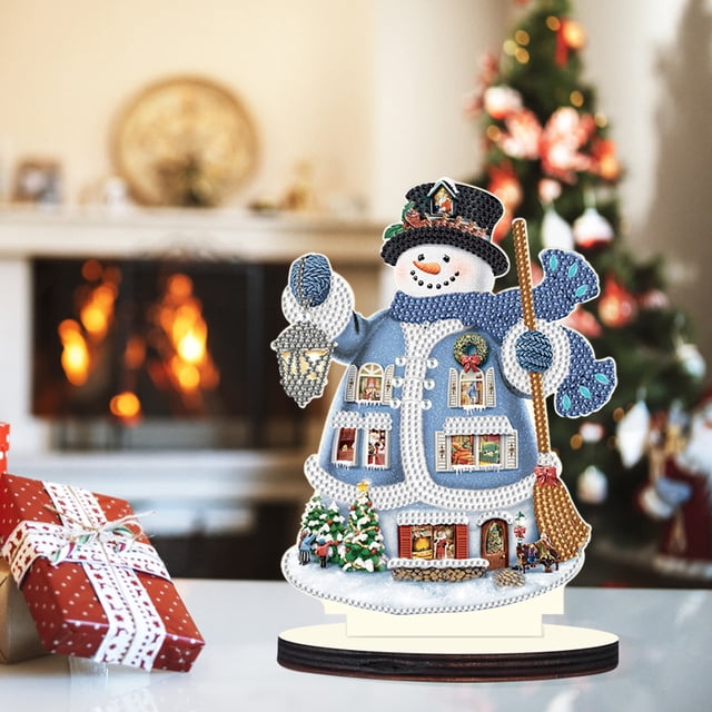 Decoración de mesa de arte de diamante de muñeco de nieve de Navidad de madera para decoración de escritorio de oficina en casa
