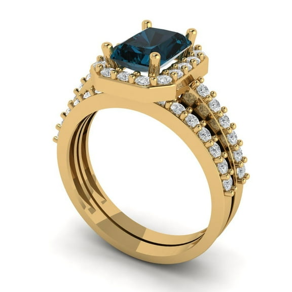 Clara Pucci 14K Yellow Gold Emerald Cut 1.5Ct Natural London Blue Topaz Engagement Ring   Matching Band - Luxury Box Included