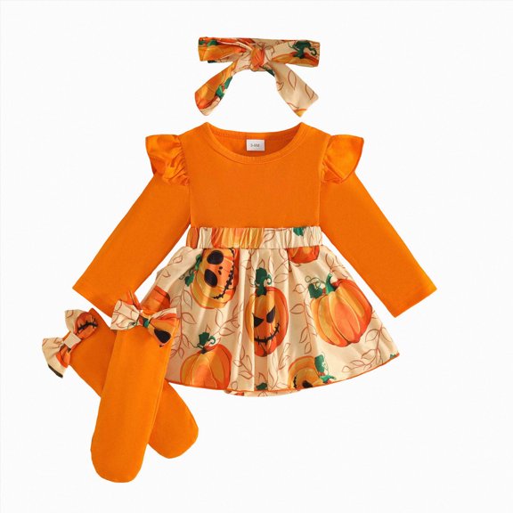 Gerichy Newborn Baby Girls 3 Piece Halloween Set Pumpkin Ruffle Flutter Sleeve Ribbed Romper with Headband Knee High Socks 0-18 Months