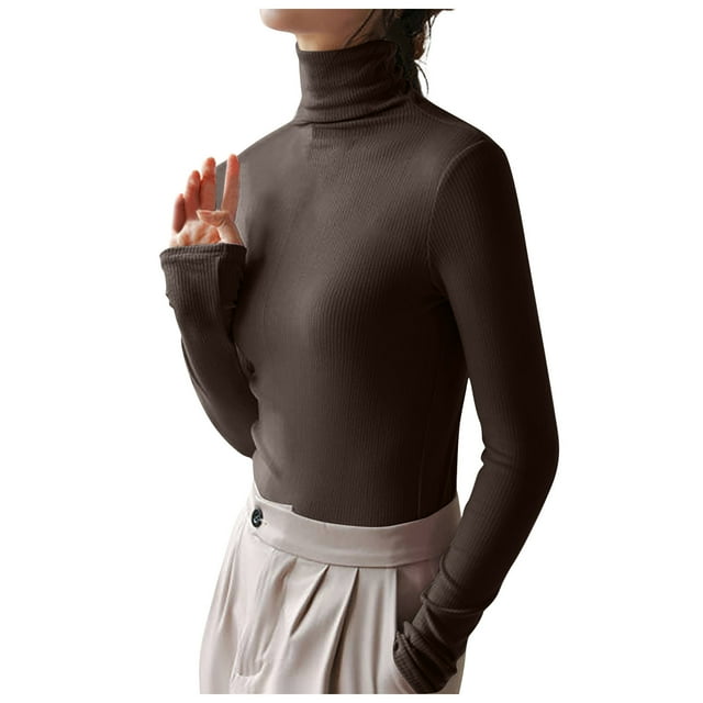 AherBiu Womens Tops Long Sleeve Ribbed Knitted Stretchy Slim Fitted Basic Tee Tops High Neck Warm Undershirts
