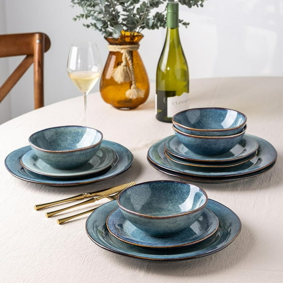 Ceramic Dinnerware Sets, Handmade Stoneware Reactive Glaze Plates and Bowls Set, Scratch Resistant | Dishwasher & Microwave Safe Dishes Set, Service for 4 (12pc)