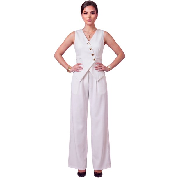 Conjunto Elegante de 2 Piezas Chaleco Entallado y Pantalón Palazzo para Mujer
