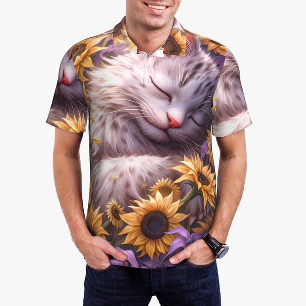 Balery Warm Sunflower Sleeping Cat Camisa Polo de Hombre con Estampado, de Manga Corta y Tejido Medio, Camisa Tipo Golf Polo-Small