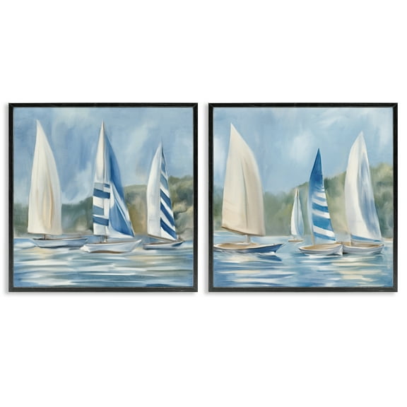 Stupell Industries Sailboats on Calm Water Nautical & Beach Painting Black Framed Art Print Wall Art, 12 x 12, Set of 2