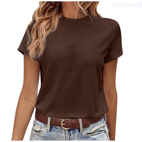 Lixiuxyad Women's Fashion Casual Home & Commute Solid Round Neck Short Sleeve T Shirt Versatile & Comfortable Trendy Flowy,Brown L