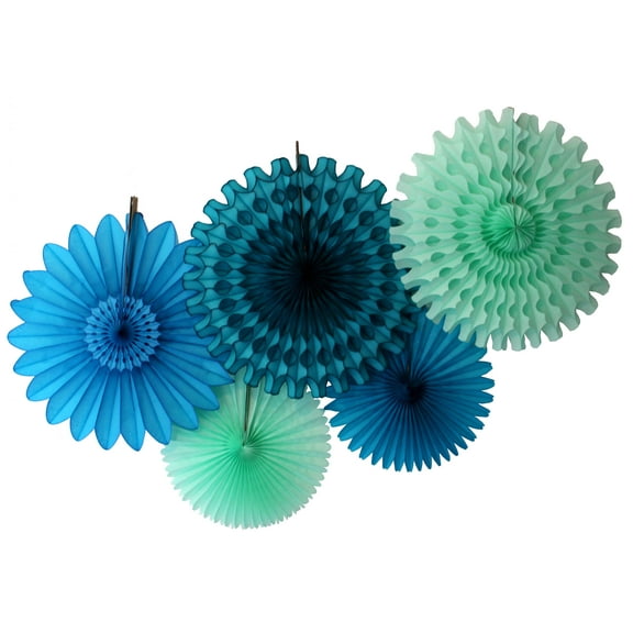 Devra Party Sea Breeze Turquoise, Mint, and Teal Large Tissue Paper Fan Decorations, 13 and 18 Inches (5 Piece)