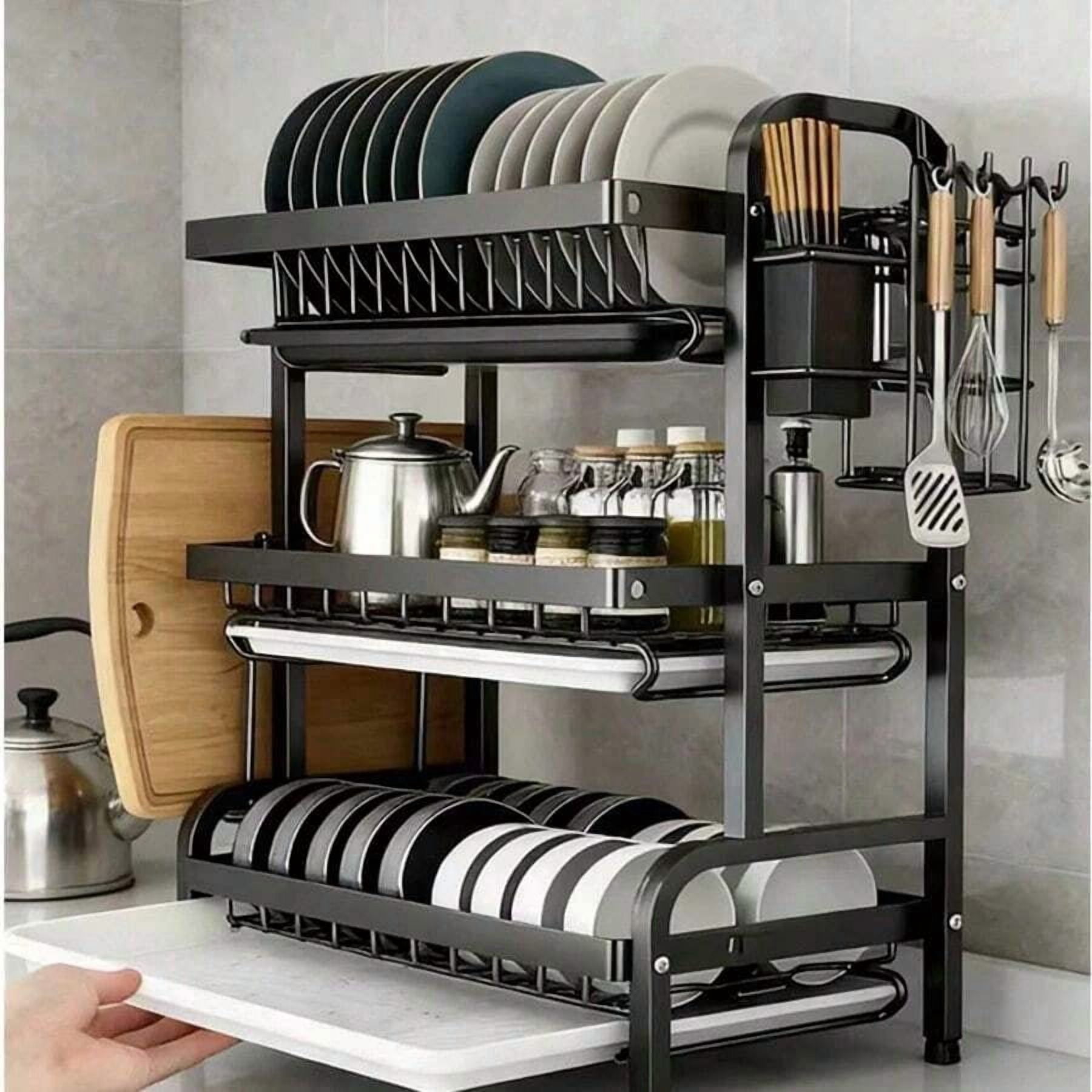 3-Layer Kitchen Dish Drying Rack in Black with Drain Board for Home Essentials