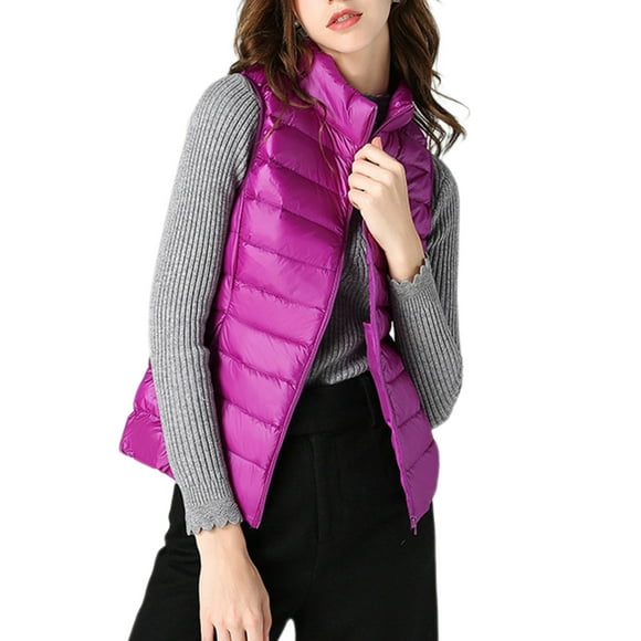 MAWCLOS Ladies Down Vests Stand Collar Waistcoat Zip Up Puffer Vest Slim Fit Winter Sleeveless Outwear Purple L