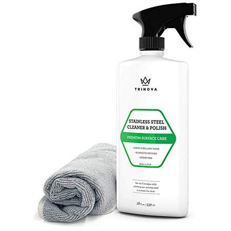 TriNova Premium Stainless Steel Cleaner and Polish - for Commercial Refrigerators with Microfiber Cleaning Cloth. Cleaning Spray for Appliances, Fridge, Microwave Oven, Kitchen. 18oz