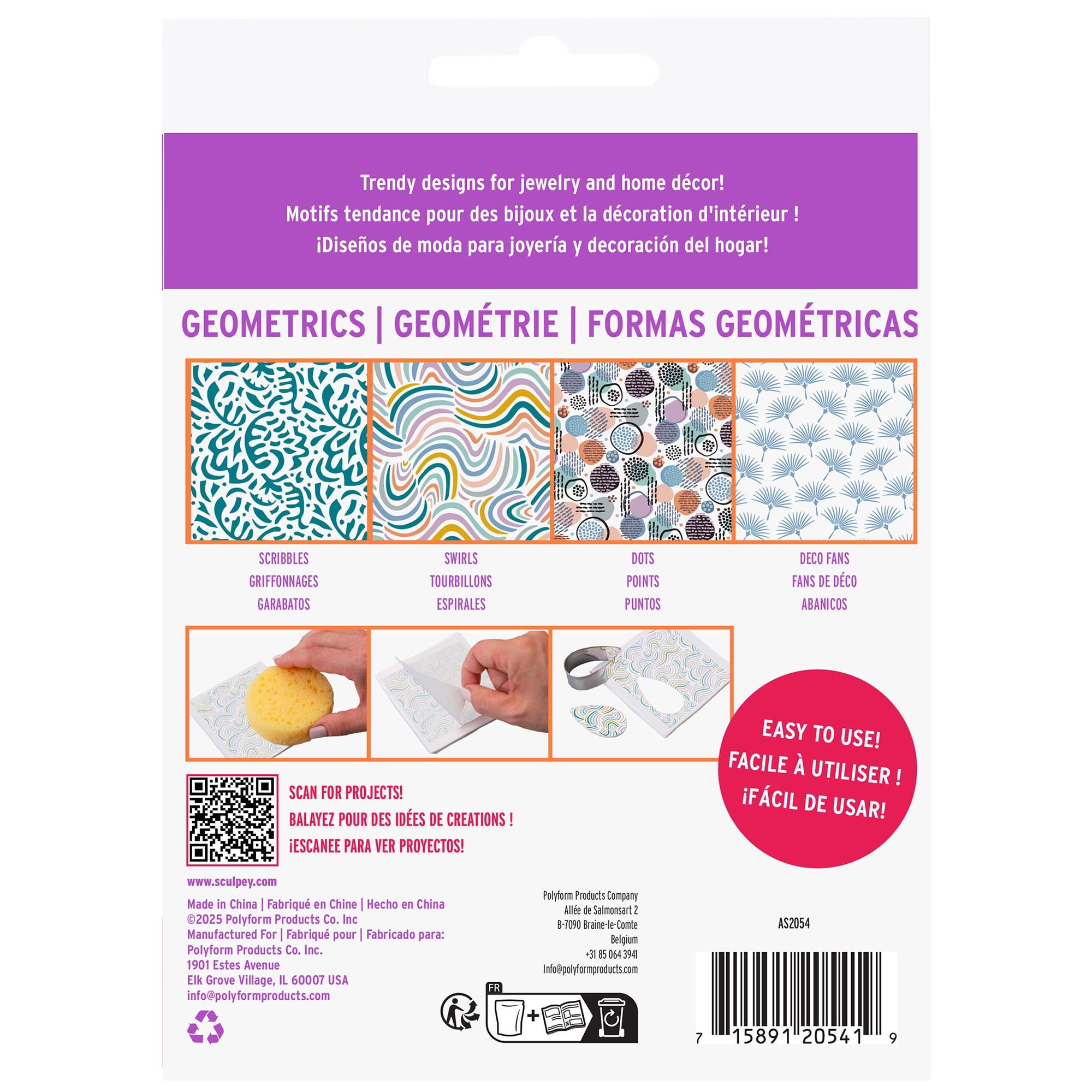 Sculpey: Clay Transfers - Geometric - 4 Pattern Sheets: Scribbles, Swirls, Dots & Deco Fans, Clay Decorations, Easy Application, DIY Craft Supplies