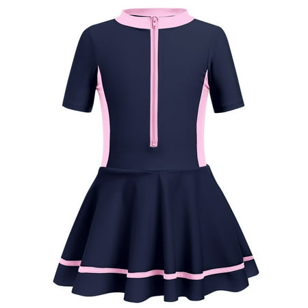 IBTOM CASTLE Kids Girls Short Sleeve Swimsuit Summer One Piece Swim Dress with Boyshorts Beach Rash Guard Bathing Suit Swimwear 9-10 Years Navy Blue