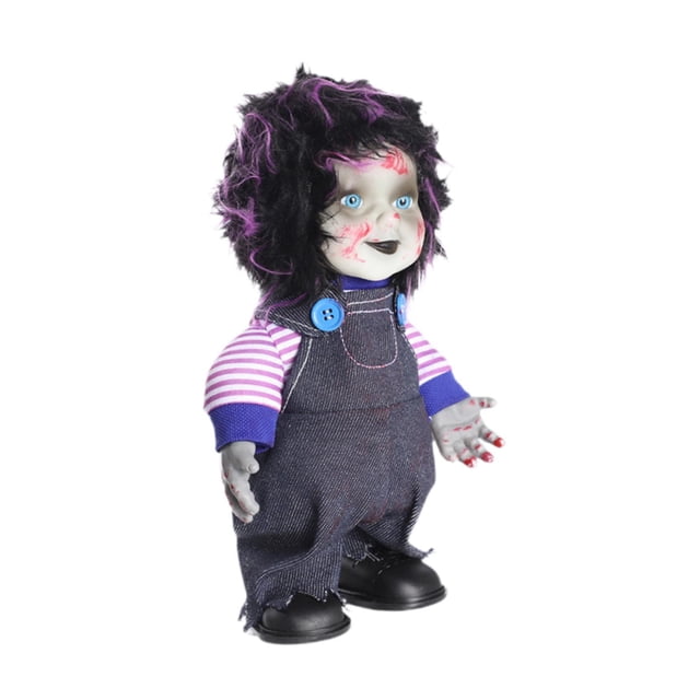 Muñeca fantasma de Halloween, muñeca aterradora de Halloween, movimiento aterrador, luz, decoración espeluznante, muñeca de casa embrujada, accesorios Chico morado