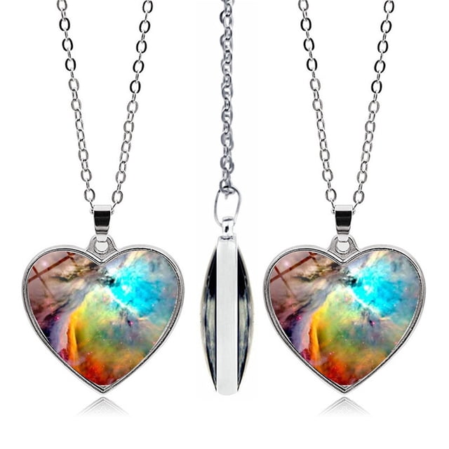 WREESH Solar System Planet Galaxy Double Sided Necklace Universe Heart Pendant Necklace