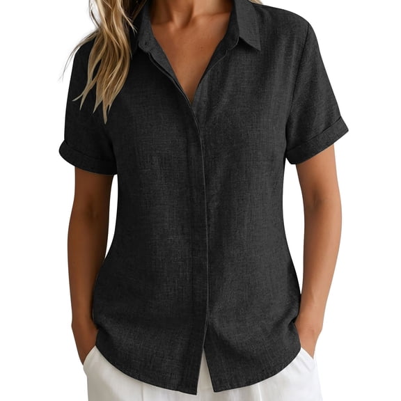 Womens Summer Linen Tops Short Sleeve Button Down Cotton Linen Shirts Lightweight Dressy Blouses Women Soft Lightweight Breathable Shirts Business Office Work Clothes, Black L