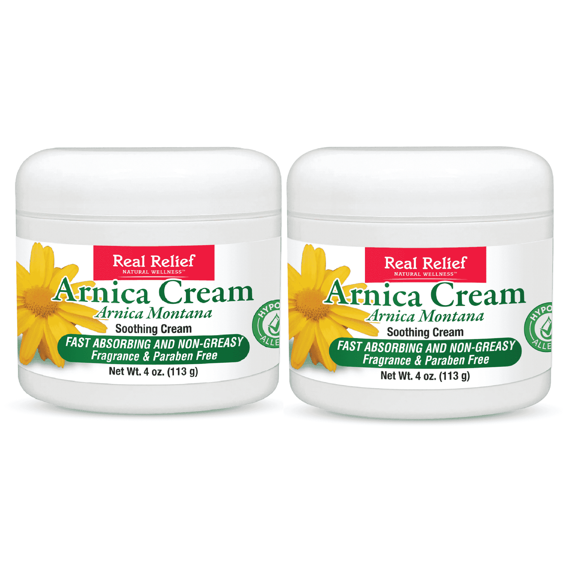 Real Relief Arnica Cream, Natural, Soothing, Non Greasy and Unscented for Muscle Soreness, Bumps and Bruises, 4 oz (Pack of 2)