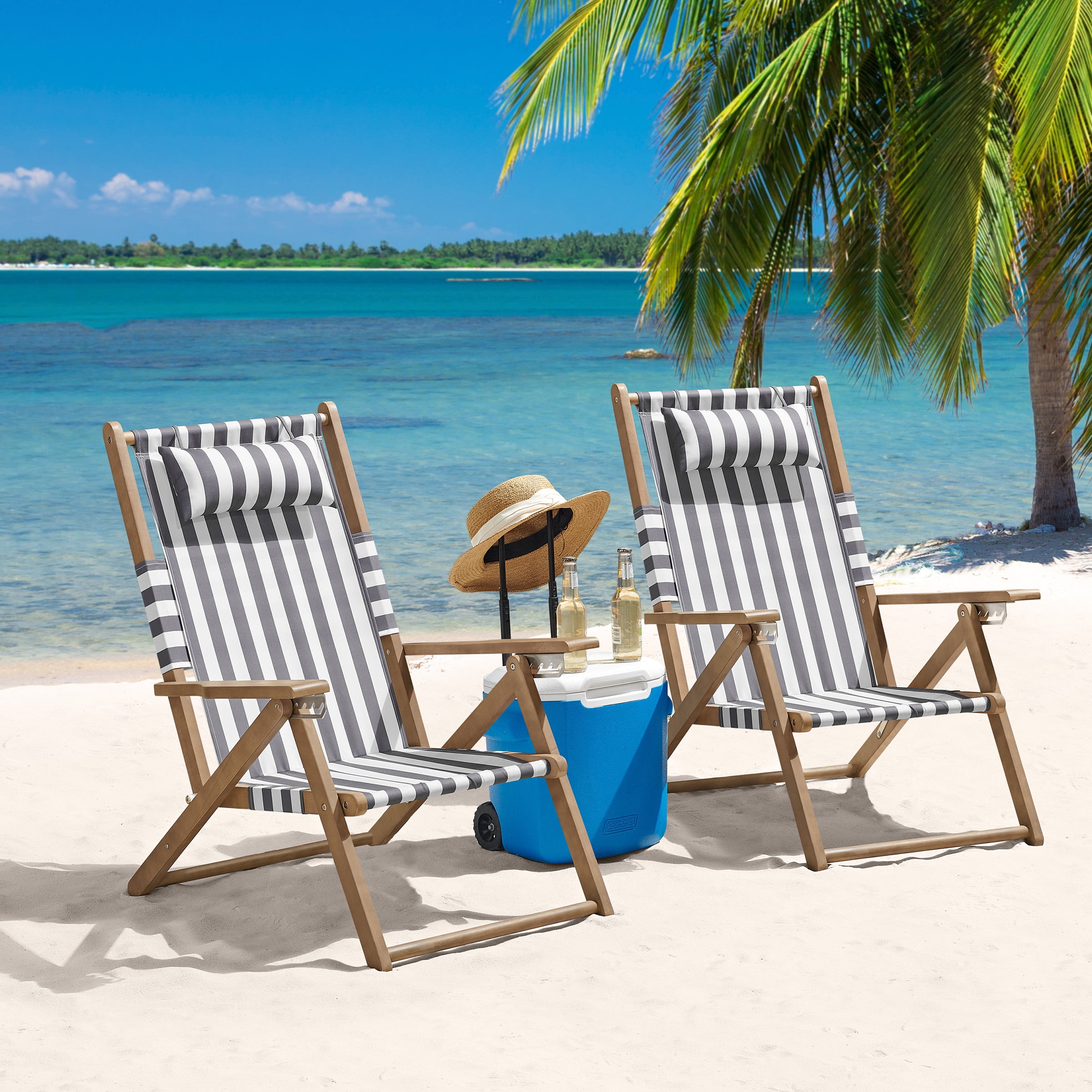 Lavish Home Set of 2 Folding Beach Chairs – 4-Position Recliners with Carry Straps, Gray Stripe