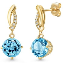 Gem Stone King 14K Yellow Gold Swiss Blue Topaz and Lab Grown Diamond Earrings for Women | 4.55 Cttw | Gemstone November Birthstone | Round 8MM
