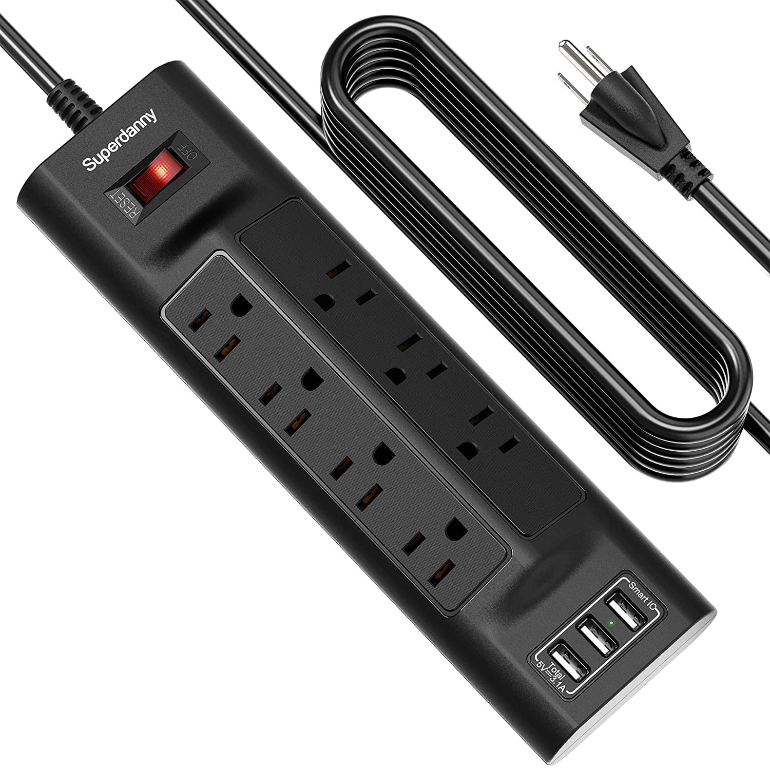 SUPERDANNY USB Surge Protector Power Strip Mountable Multiple Protection 5Outlet 