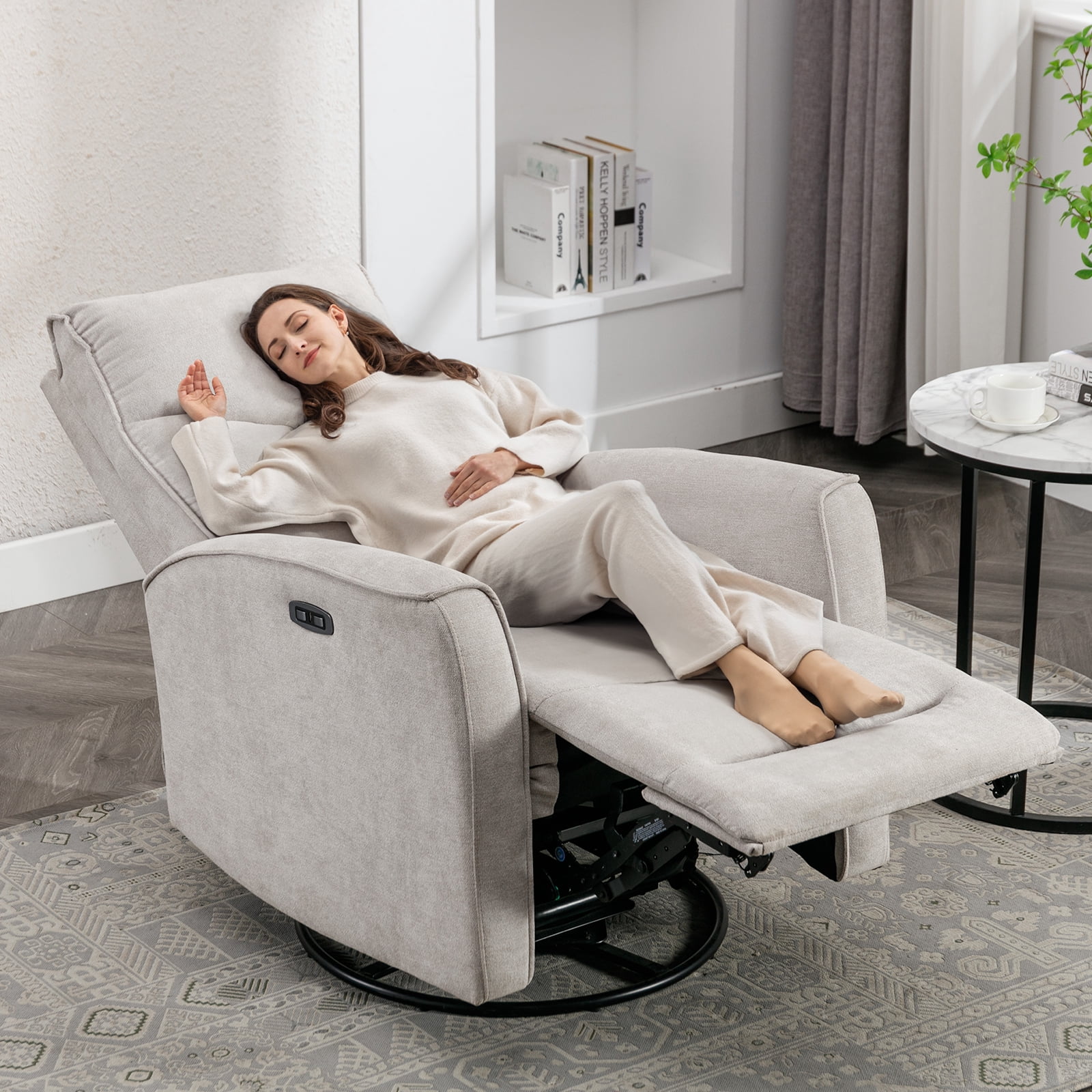 Bonzy Home Electric Recliner Chair, 270° Swivel Recliner Living Room Sofa Chair with USB Ports, Beige
