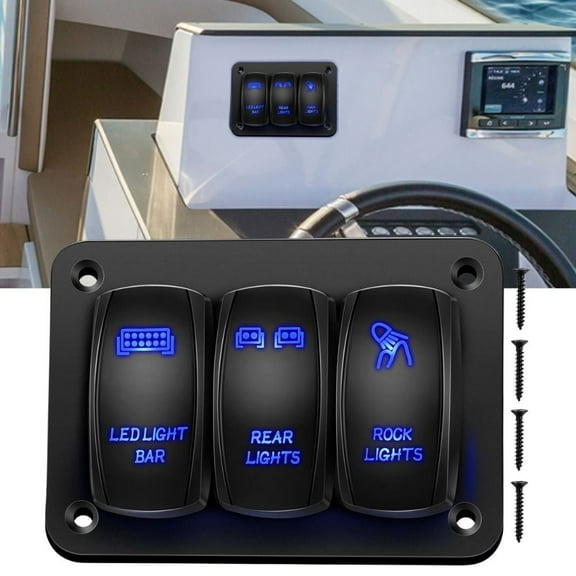 Waywe 3 Gang Rocker Switch Panel Aluminum 5 Pin on off Toggle Switch Panel LED Light Bar Switch SPST 12V 24V Blue Switches for Marine Boats Cars ATVs UTVs