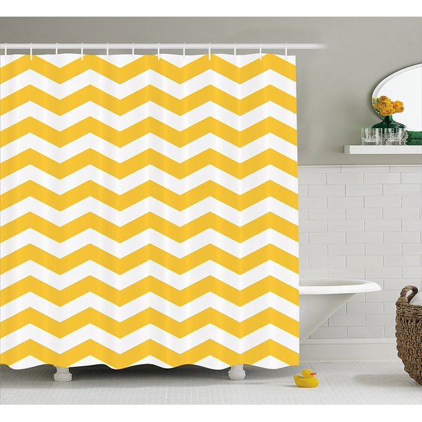 Yellow Chevron Shower Curtain by , Modern Summer Season Pattern Zigzag