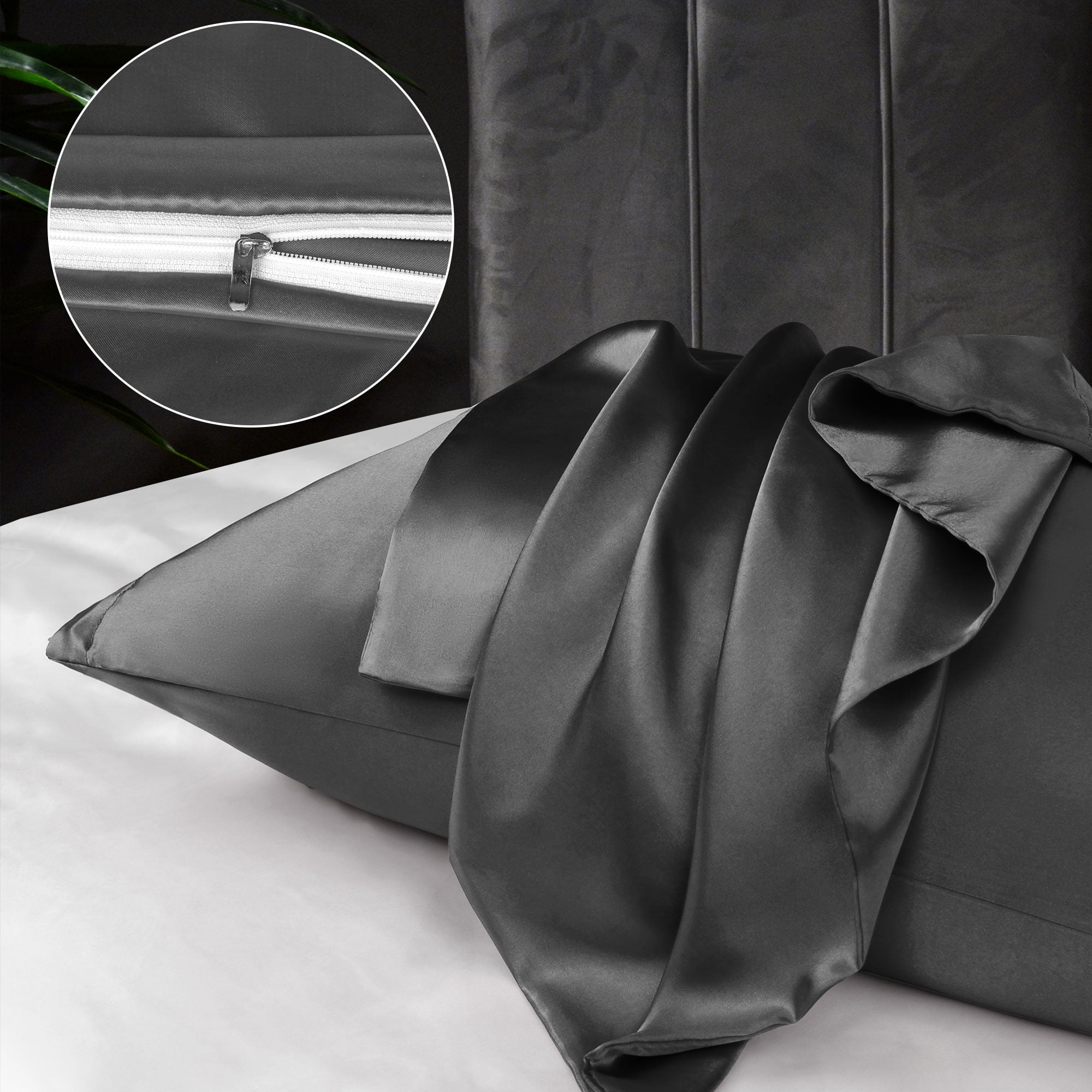 Unique Bargains Satin Set of 2 Zipper Closure Pillowcases Black 20"x30"