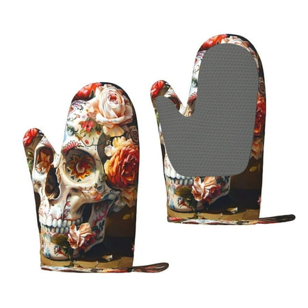 

Matuu Rose Floral Skull for Silicone Oven Gloves Heat Resistant Grilling Gloves Non-Slip Silicone Oven Mitt Great for Grilling Kitchen and Cooking