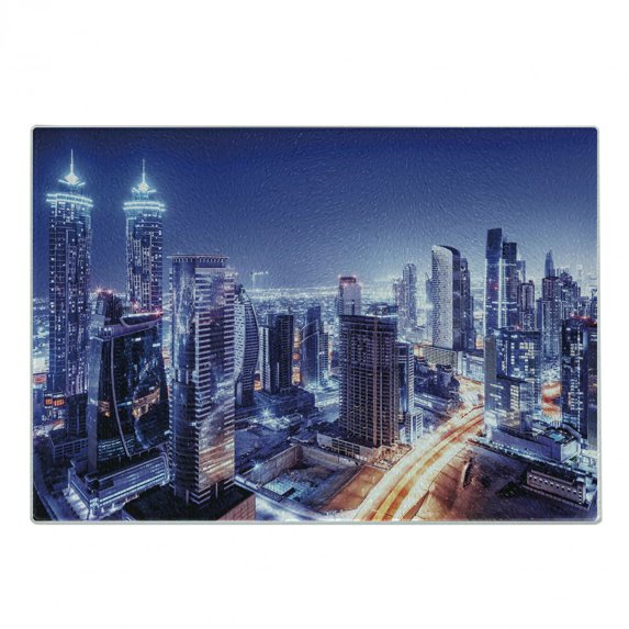 City Cutting Board, Dubai Downtown UAE Night Scenery Modern High Rise Buildings Travel Destination, Decorative Tempered Glass Cutting and Serving Board, Small Size, Violet Blue Orange, by Ambesonne