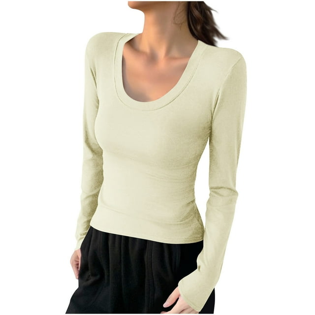 Dagugfen Womens T Shirts Long Sleeve U Neck Slim Fitted Lightweight Base Layer Top Fall Winter Solid Color