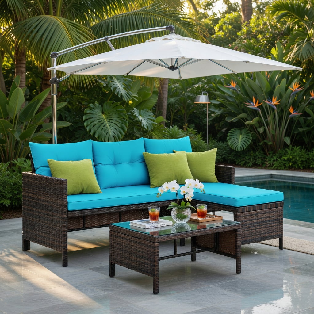 Hommoo Outdoor Wicker Patio Sofa Set, L-Shaped 3-Piece Rattan Sectional with Tempered Glass Coffee Table & Machine-Washable Cushions, Turquoise