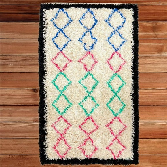 Deerlux QI003932.XS 3 x 5 ft. Hand Woven Geometric Trellis Plush Wool Shag Area Rug, Multi Color - Rectangle