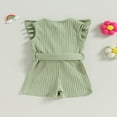 thumbnail image 4 of Toddler Baby Girl Clothes Rompers Ribbed Ruffle Sleeveless Button Belted Romper Short Jumpsuit Summer Outfit Brick Red 12-18 Months, 4 of 7