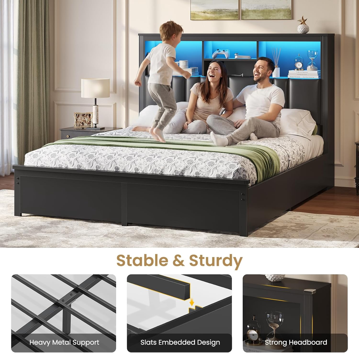 Mabor Queen Size Bed with 4 Drawers,Bed Frame with Upholstered Bookcase Headboard & Hidden Storage,Queen Size Bed Frame with LED Lights and Charging Station, Heavy-Duty Metal Platform Bed,Black