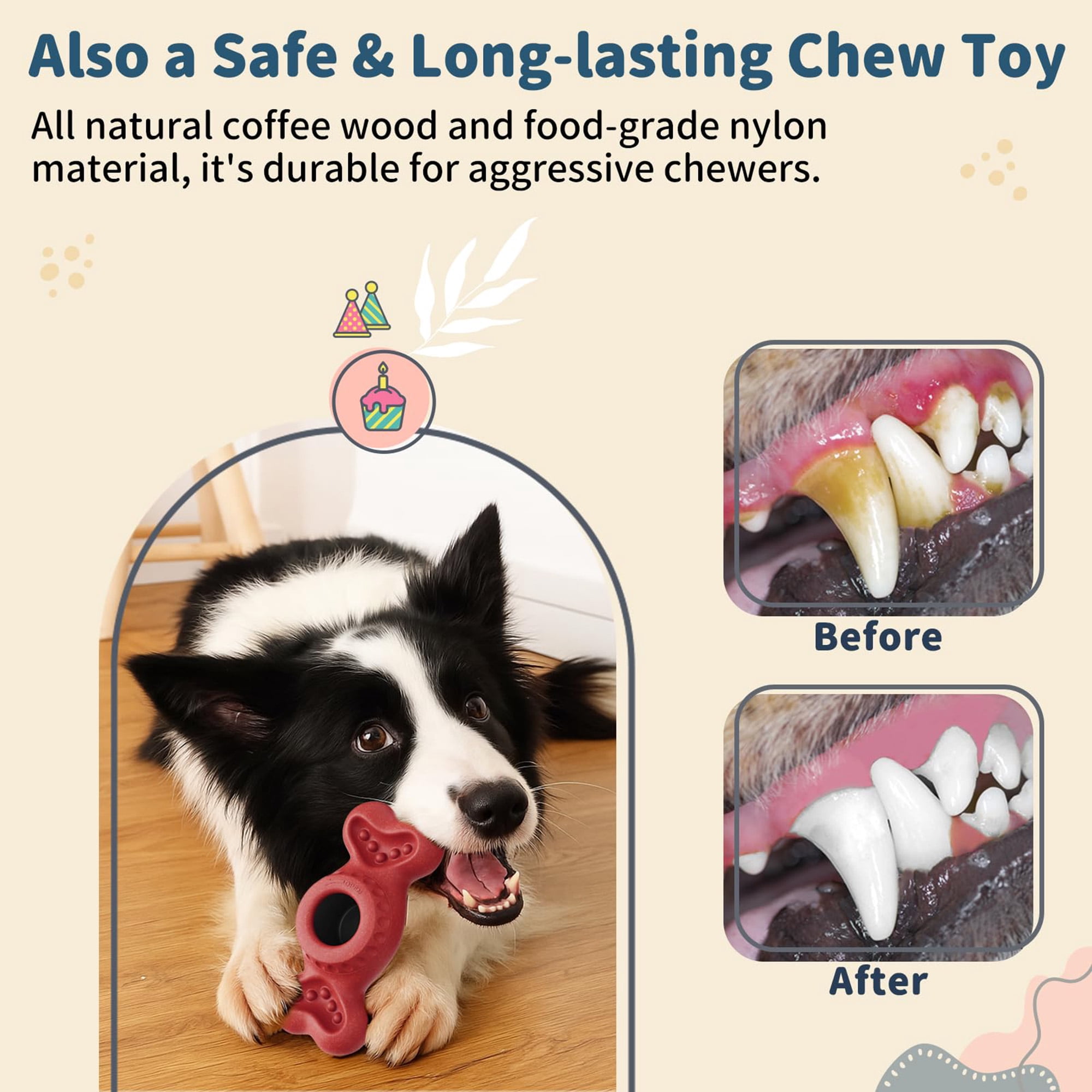 Durable nylon chew toy for aggressive chewers, with fillable treat cups & ice cream mold. Cognitive licking enrichment, bone-shaped, red. Keeps dogs busy.