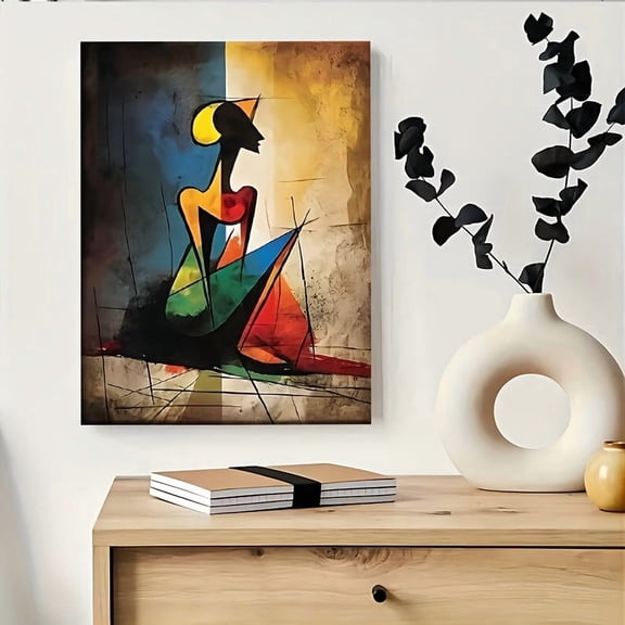 1pc Cubist Art Canvas - Picasso-Inspired Abstract Painting with Bold Blue, Red, Yellow, Green, Black, Modern Cubist Decor for Living Room