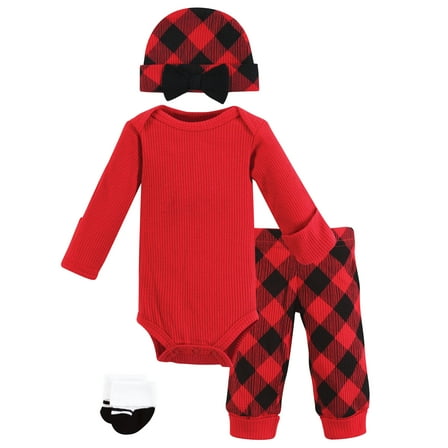 Hudson Baby Girls Thermal Preemie Layette Set 4pc Long Sleeve Outfit, Girl Buffalo Plaid, Preemie