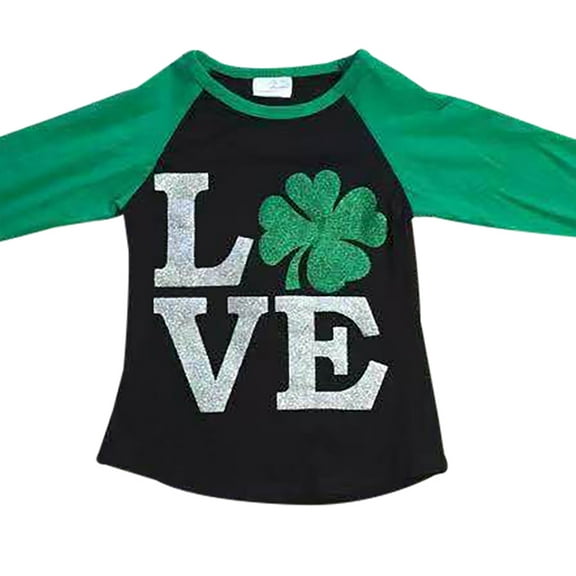 Little Girl Kids Love Clover Glitter ST Patrick's Day Shirt Top Tee T-Shirt Green Black 2T XS (200504)