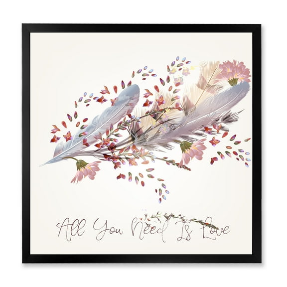 Designart 'Pink Feathers and Flowers All You Need Is Love' Bohemian & Eclectic Framed Art Print